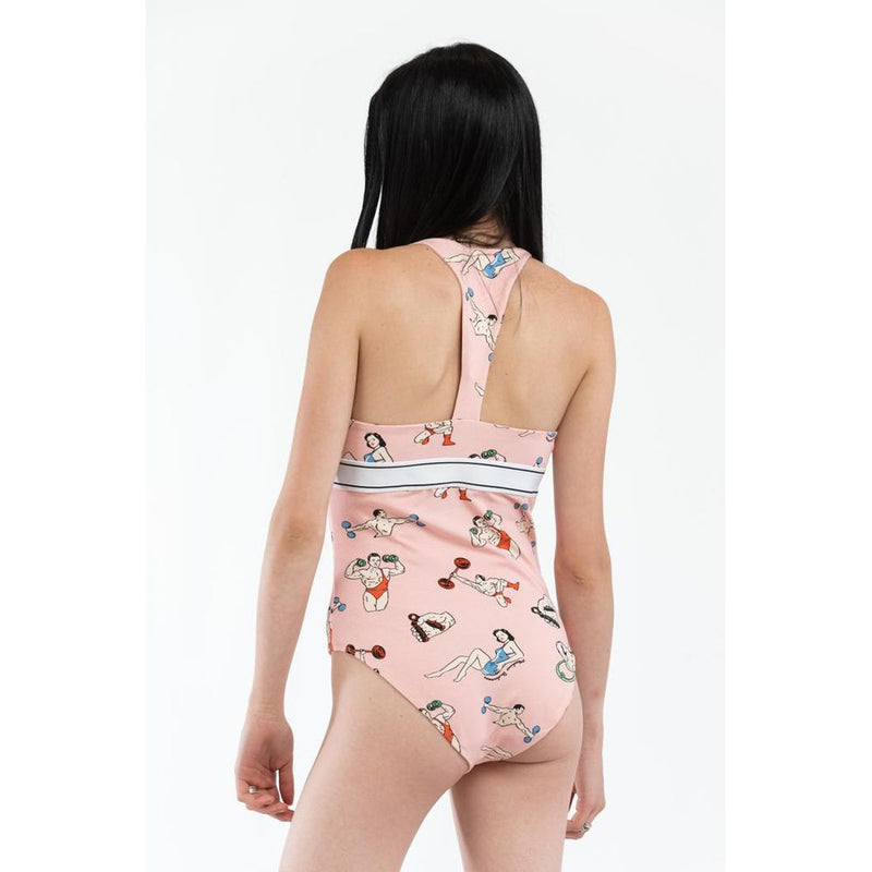 Pink cotton racerback bodysuit with playful cartoon fitness graphics and white waistband