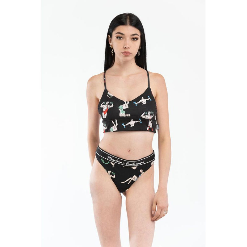 Black polyester crop tank top with cartoon graphic print and matching underwear
