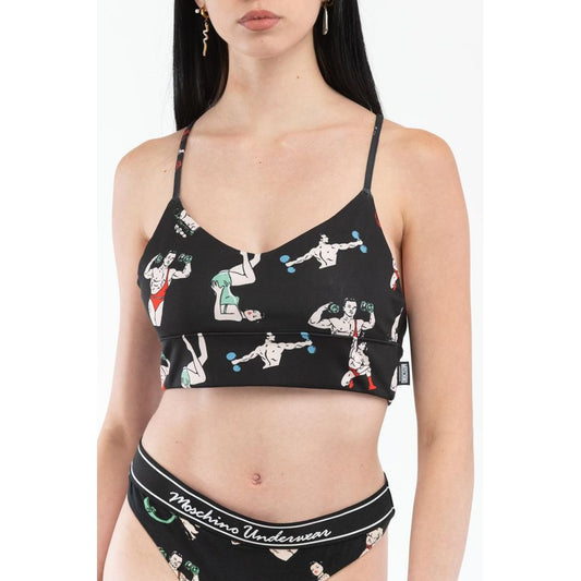 Moschino black polyester cropped tank top with thin straps and vintage workout character print