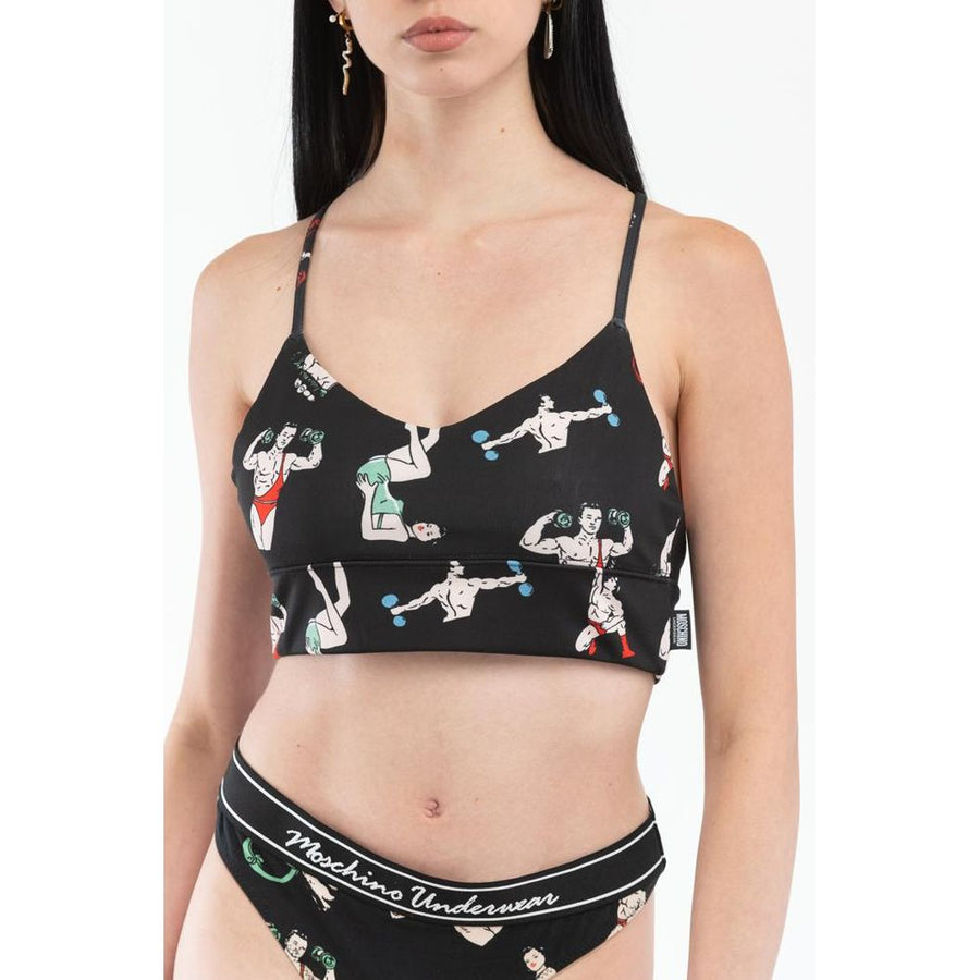 Black polyester crop tank top with cartoon graphic print and matching underwear
