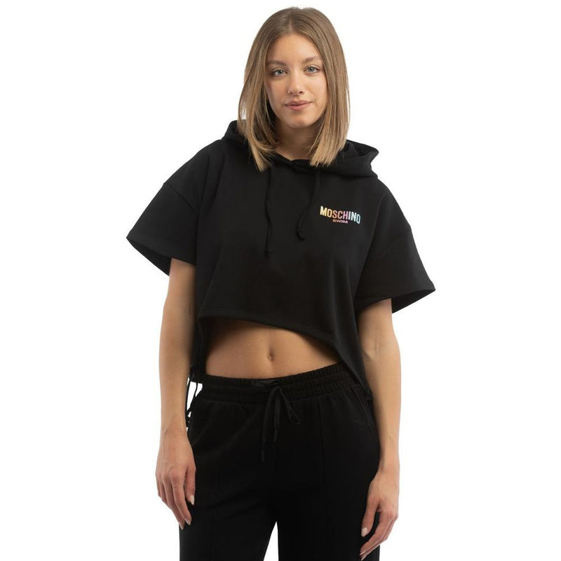 Black cotton cropped short sleeve hoodie with Moschino logo