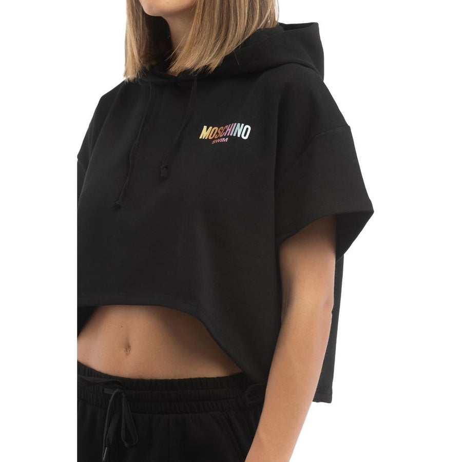 Black cotton cropped short sleeve hoodie with Moschino logo