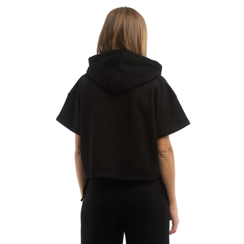 Black cotton short-sleeve hooded sweatshirt worn by a person seen from behind