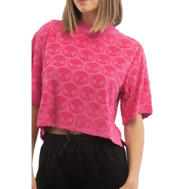 Fuchsia pink cotton t-shirt with textured circular logo pattern and crew neck