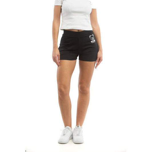 Black cotton mini shorts with a white Moschino bear logo on the hip