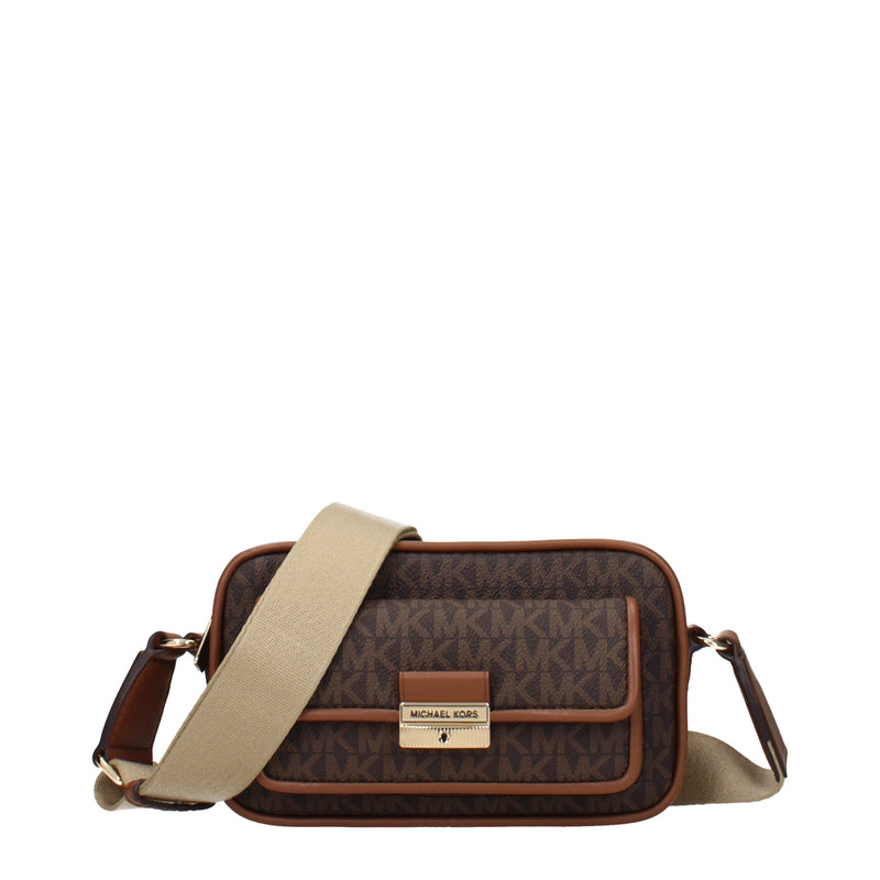 Michael Kors brown monogram fabric crossbody bag with a wide beige strap and gold hardware