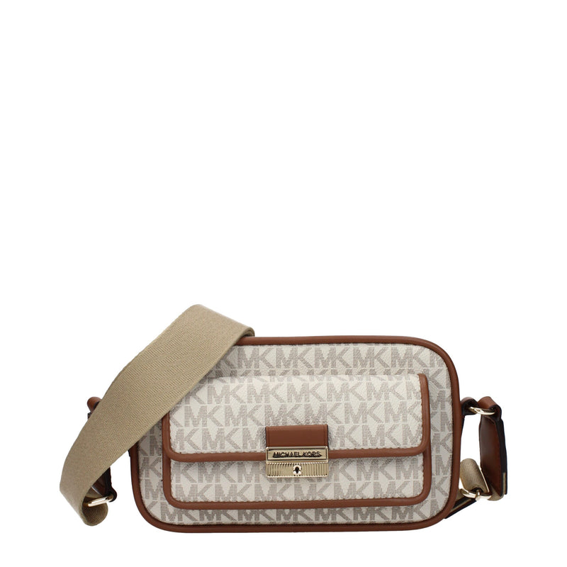 Michael Kors beige and brown monogram fabric crossbody bag with a wide strap and front flap pocket
