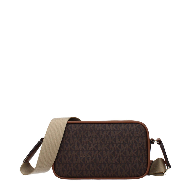 Brown Michael Kors monogram fabric crossbody bag with wide beige strap and brown trim