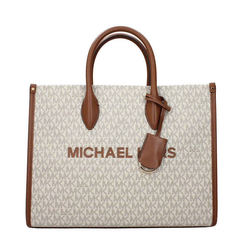 Beige fabric Michael Kors tote bag with brown leather handles and monogram print