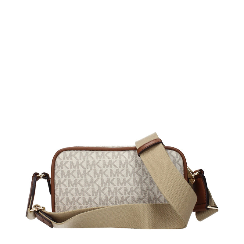 Beige fabric Michael Kors crossbody bag with brown trim and MK monogram print