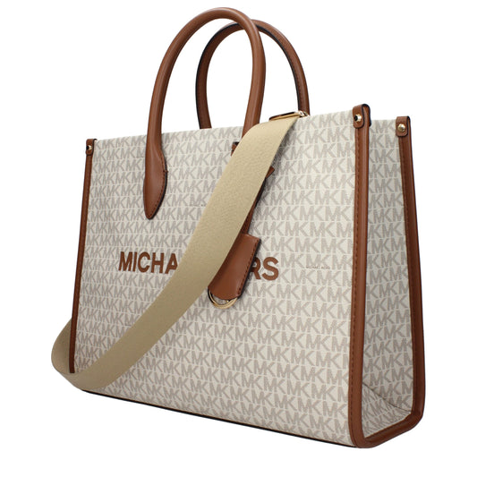 Michael Kors beige fabric structured tote handbag with brown trim and top handles and a canvas shoulder strap