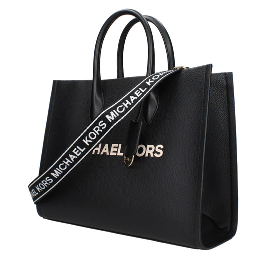 Black leather Michael Kors tote bag with dual top handles and a branded webbed strap