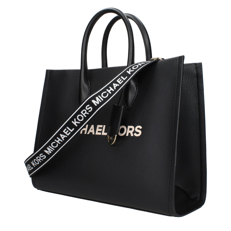 Black leather Michael Kors tote bag with dual top handles and a branded webbed strap