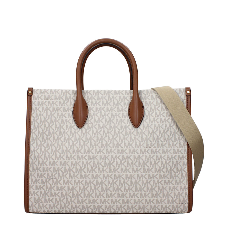 Beige Michael Kors canvas tote bag with brown leather handles and shoulder strap