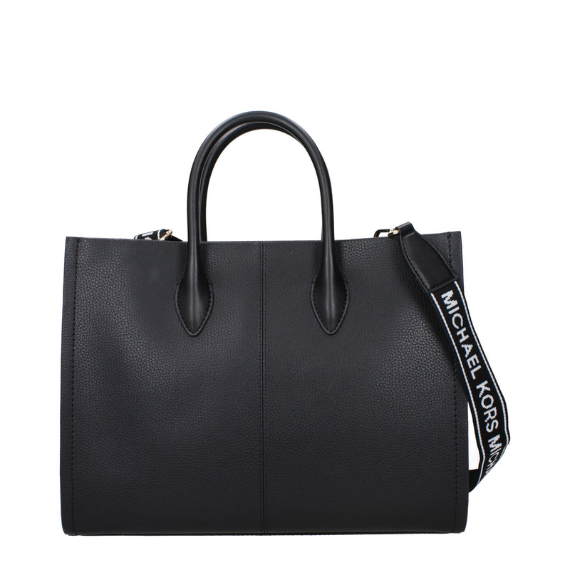 Black leather tote bag with top handles and a branded shoulder strap