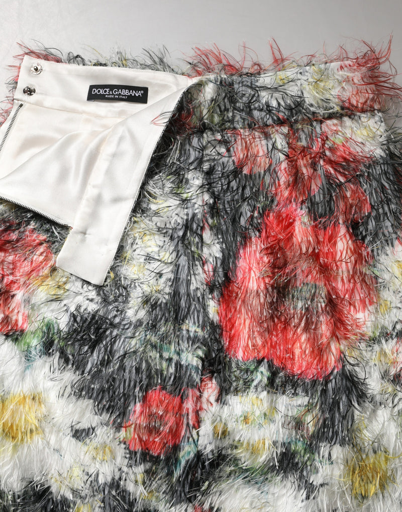 Multicolor floral textured faux fur pencil skirt with a silk lining