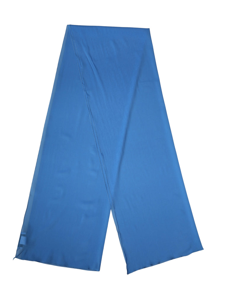 Long blue silk scarf draped on a white background