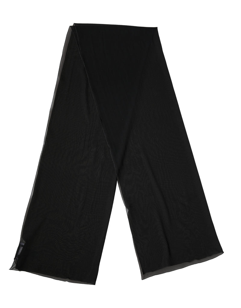 Black sheer silk scarf or stole laid flat against a white background