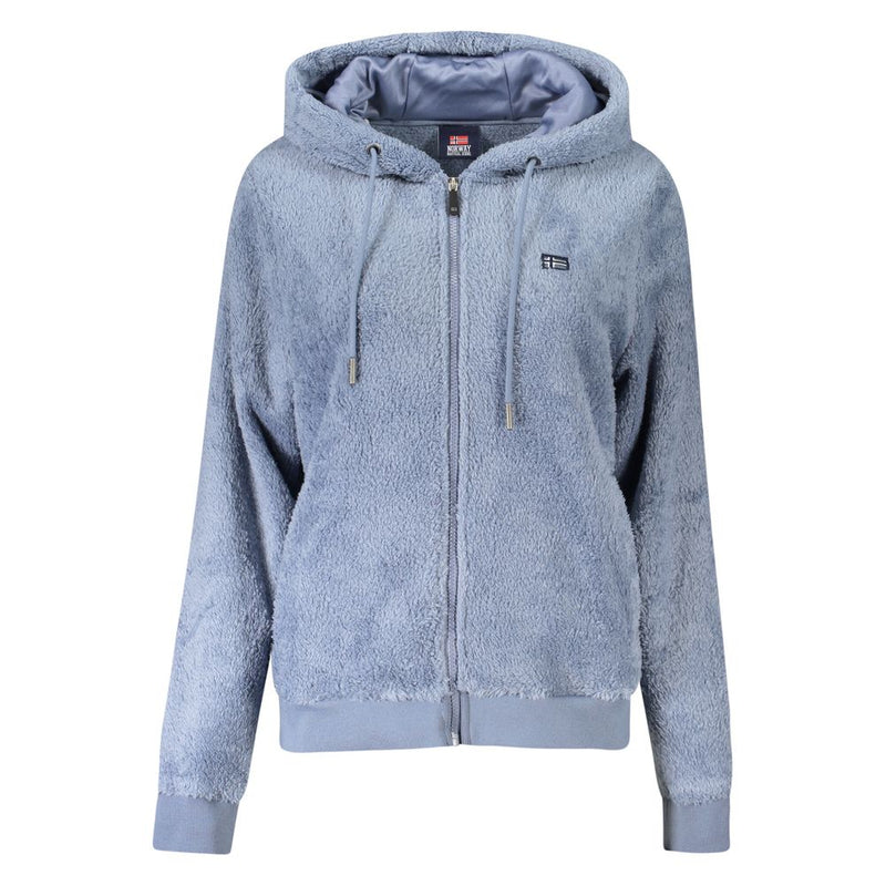 Blue fuzzy fleece zip-up hoodie jacket for women with drawstrings