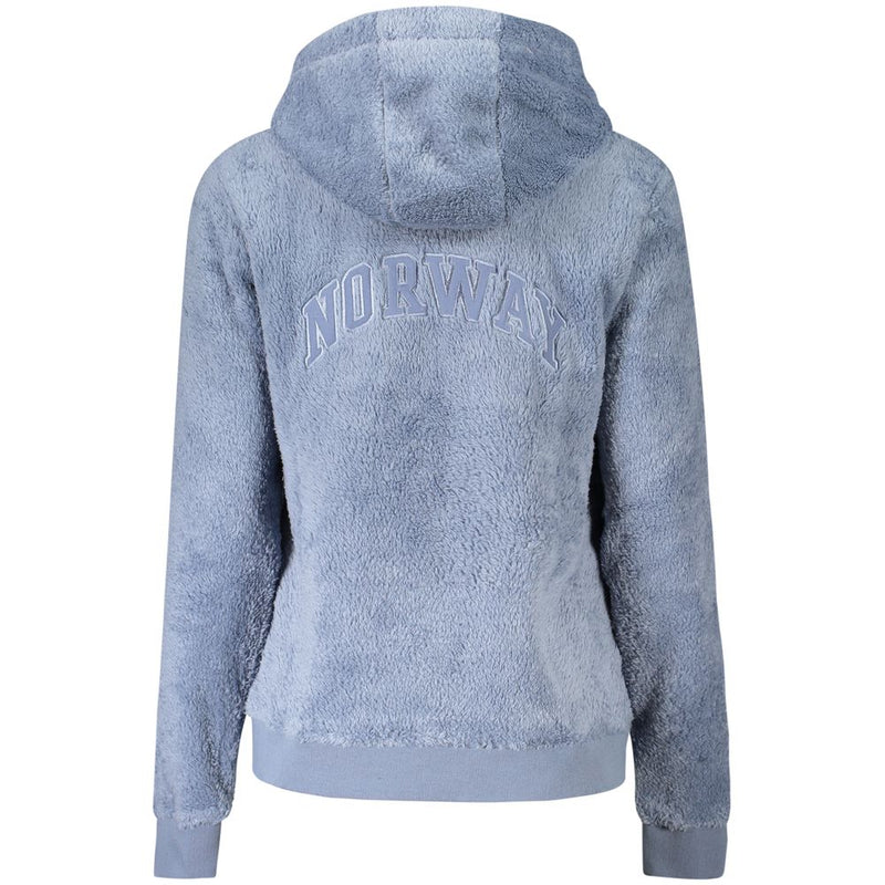 Blue fleece polyester women's zip-up hooded jacket with Norway embroidered on the back