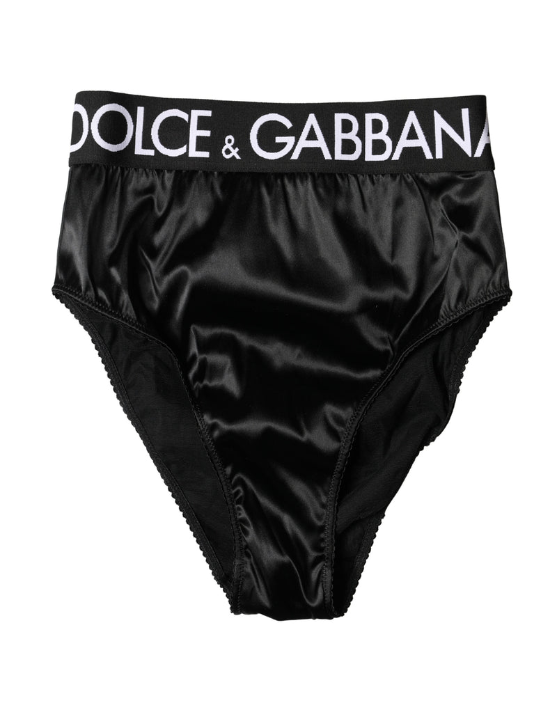 Black satin high-waist briefs with a white Dolce & Gabbana logo elastic waistband