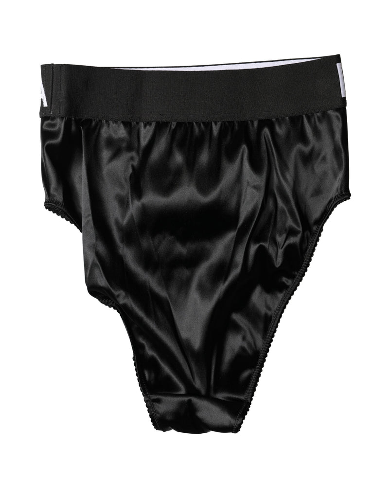 Black satin high-waist women's brief with wide logo waistband