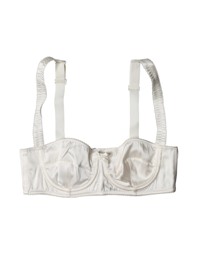 White silk satin underwire bra with structured semi-padded cups and delicate bow accent