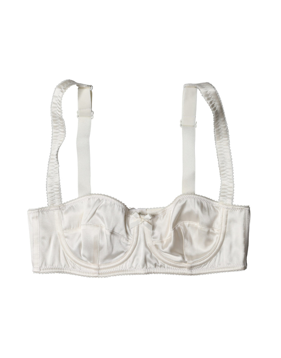 White silk satin underwire bra with semi-padded cups and delicate bow accent