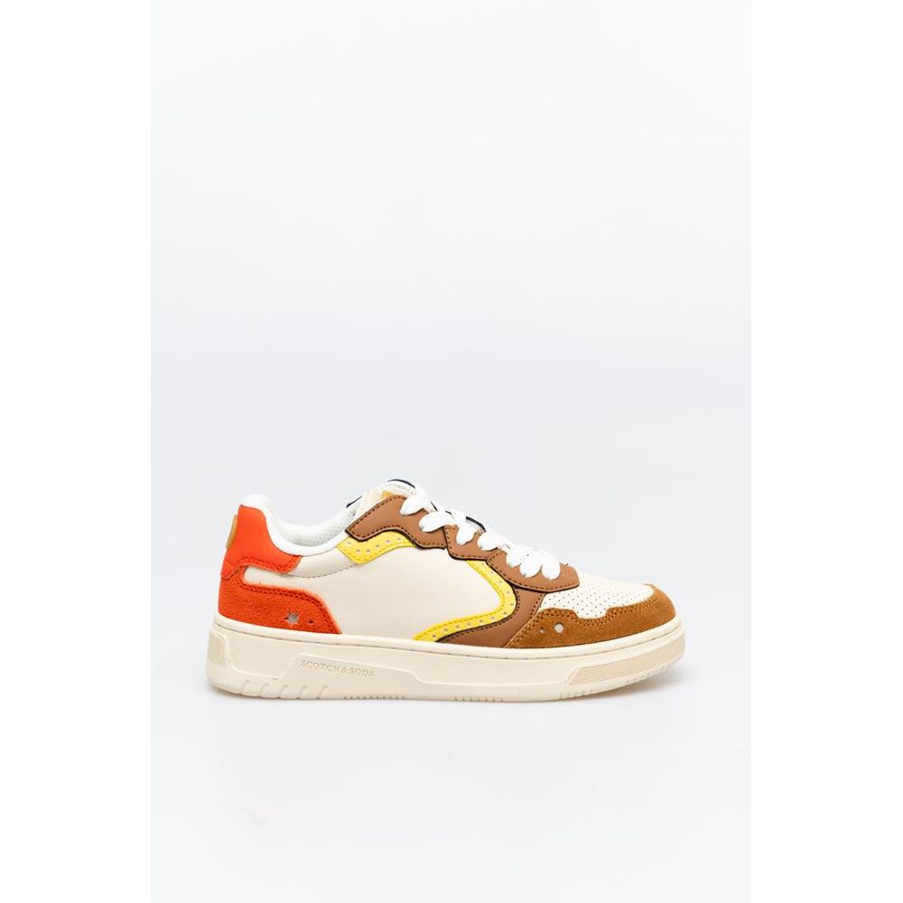 Scotch & Soda low-top sneakers in cream, brown, and orange cowhide leather with white laces and chunky rubber soles.