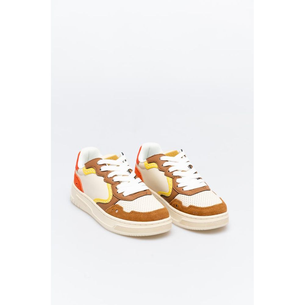 Scotch & Soda low-top sneakers in cream, brown, orange, and yellow cowhide leather with perforated details and laces.