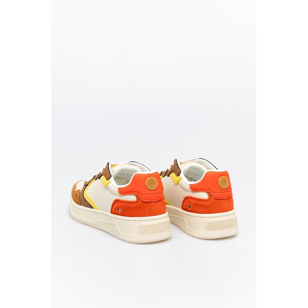 Scotch & Soda cowhide low-top sneakers in beige, brown, orange, and yellow with a thick off-white rubber sole.
