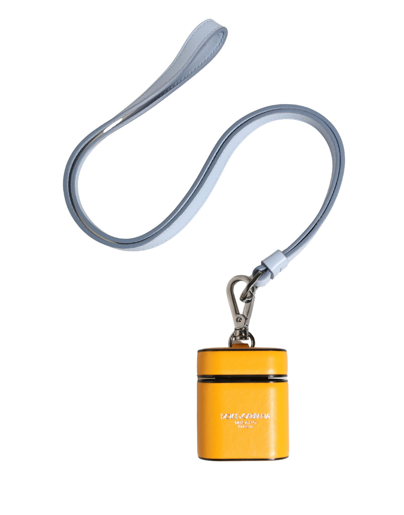 Yellow calf leather AirPods case with a silver logo and a light blue leather strap
