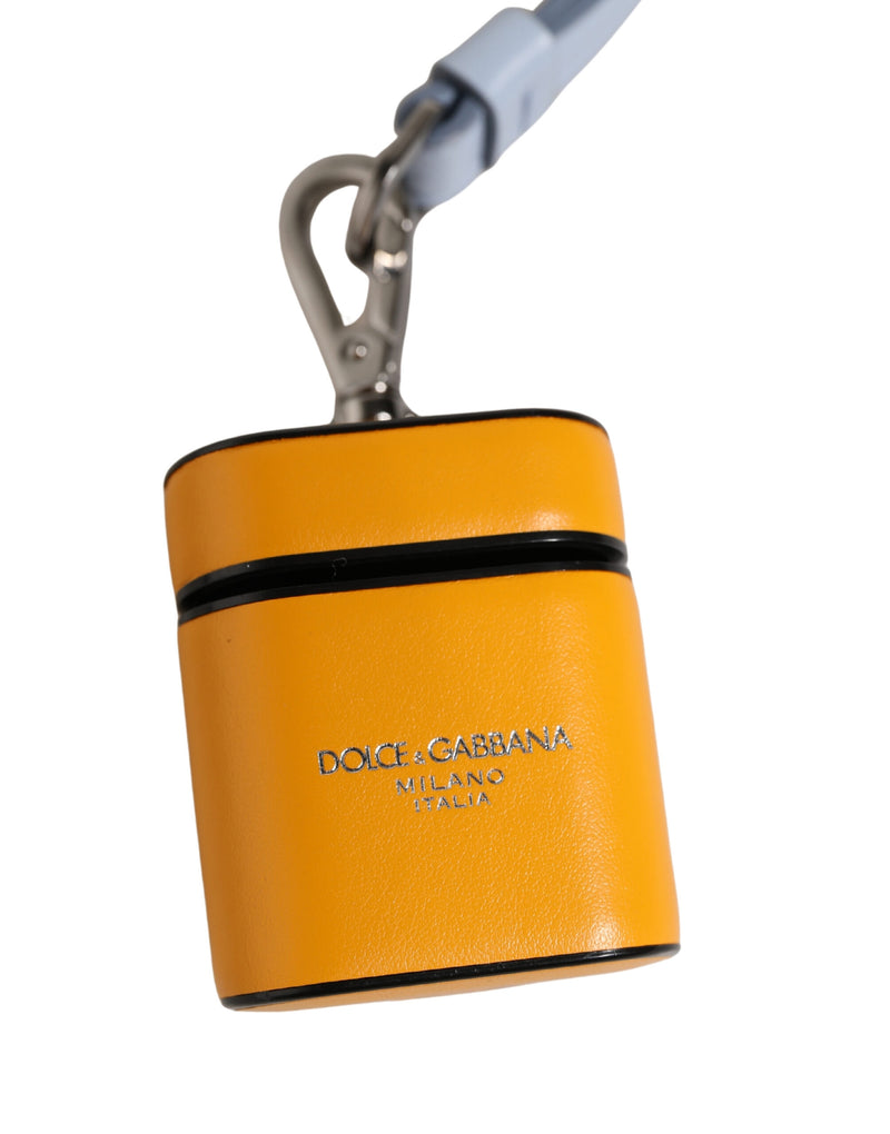 Yellow leather Dolce & Gabbana AirPods case with silver logo and strap