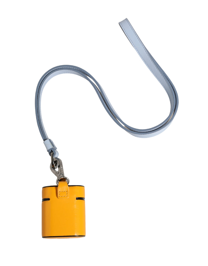 Yellow calf leather AirPods case with a long light blue strap and metal clasp