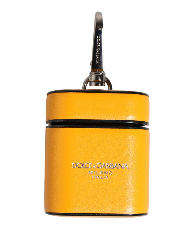 Bright yellow calf leather AirPods case with a silver clasp and Dolce & Gabbana logo print