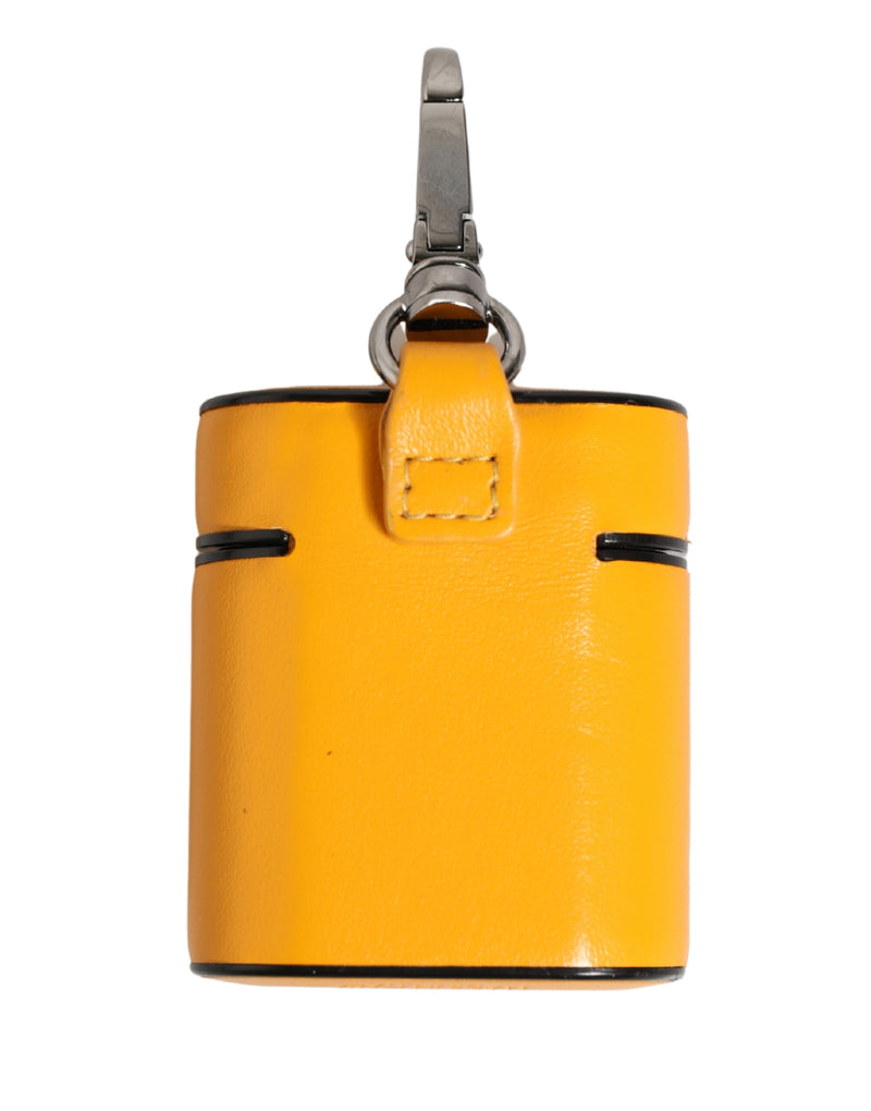 Bright yellow calf leather AirPods case with a flip holder strap and metal clip