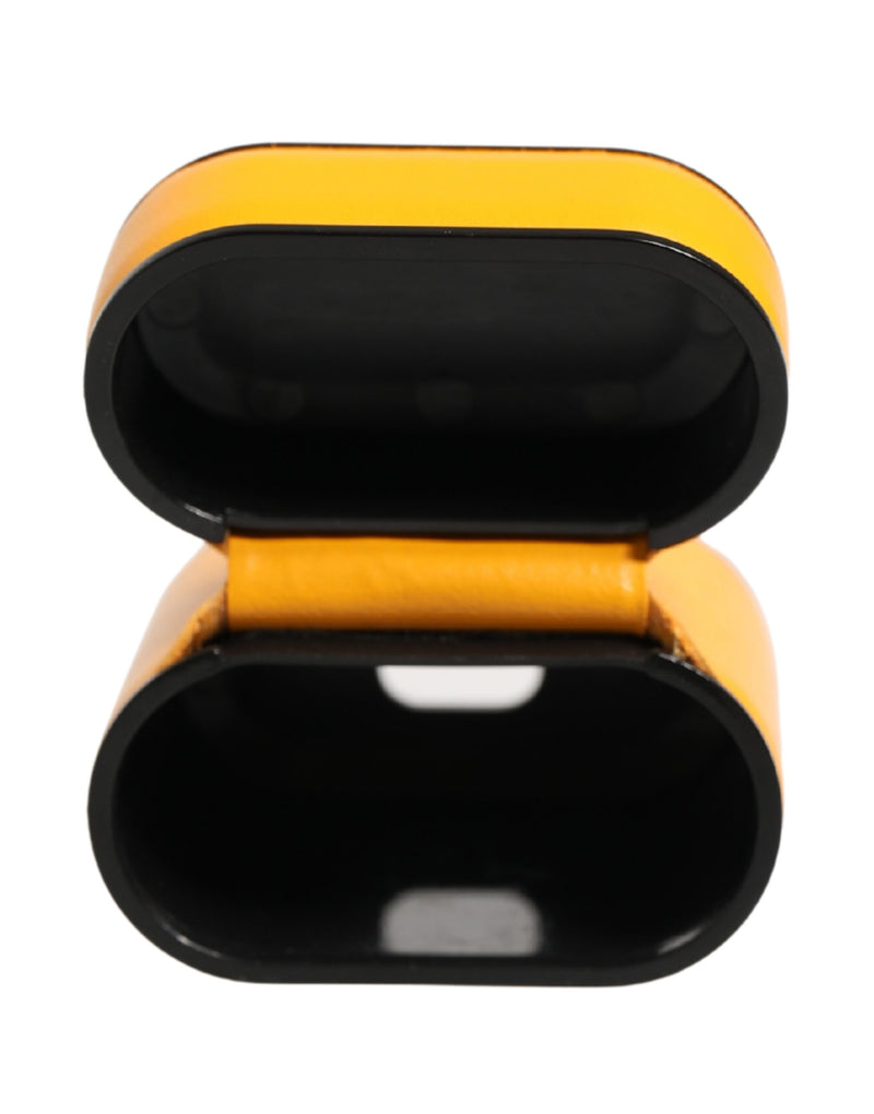 Open yellow calf leather AirPods case with a black interior and flip top