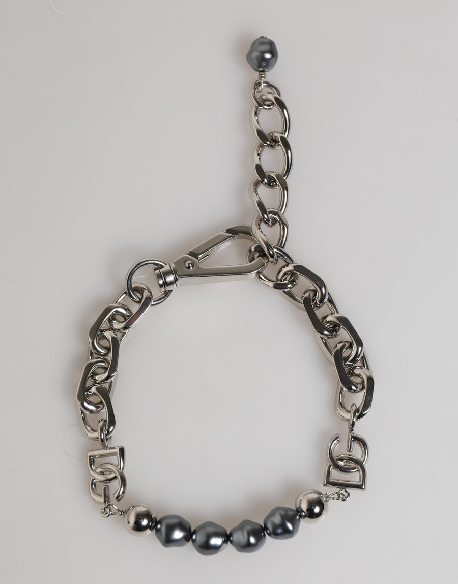 Silver-tone metal chain bracelet with gray pearls, DG logo links, and a lobster clasp closure