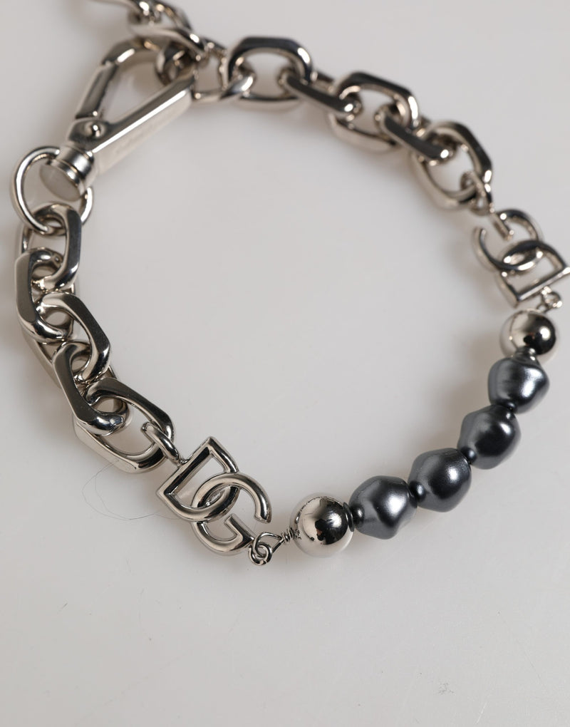Silver-tone chain bracelet with lobster clasp, DG logo charm, and grey baroque pearls
