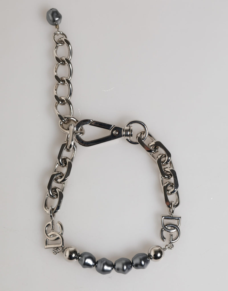 Dolce & Gabbana silver tone chain bracelet with lobster clasp, DG logo charms, and dark gray baroque pearls