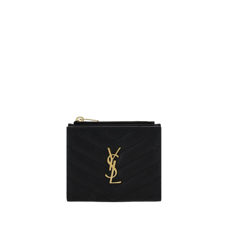 Black leather quilted wallet with gold-tone YSL monogram logo and top zipper