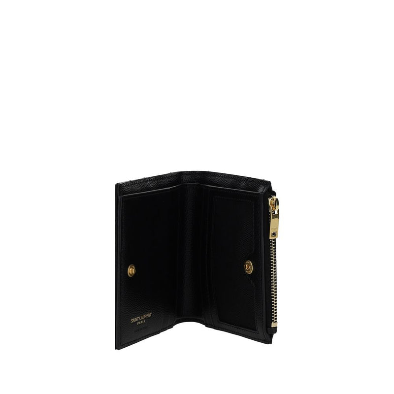 Black textured leather bifold wallet with gold hardware and snap closure