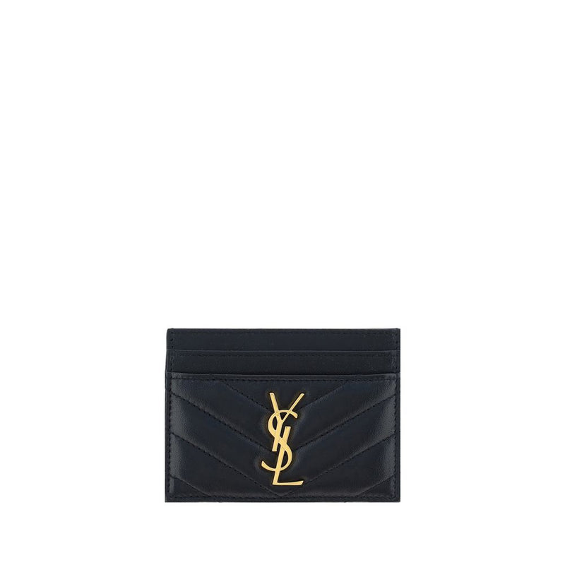 Black quilted lambskin leather card holder with gold YSL logo