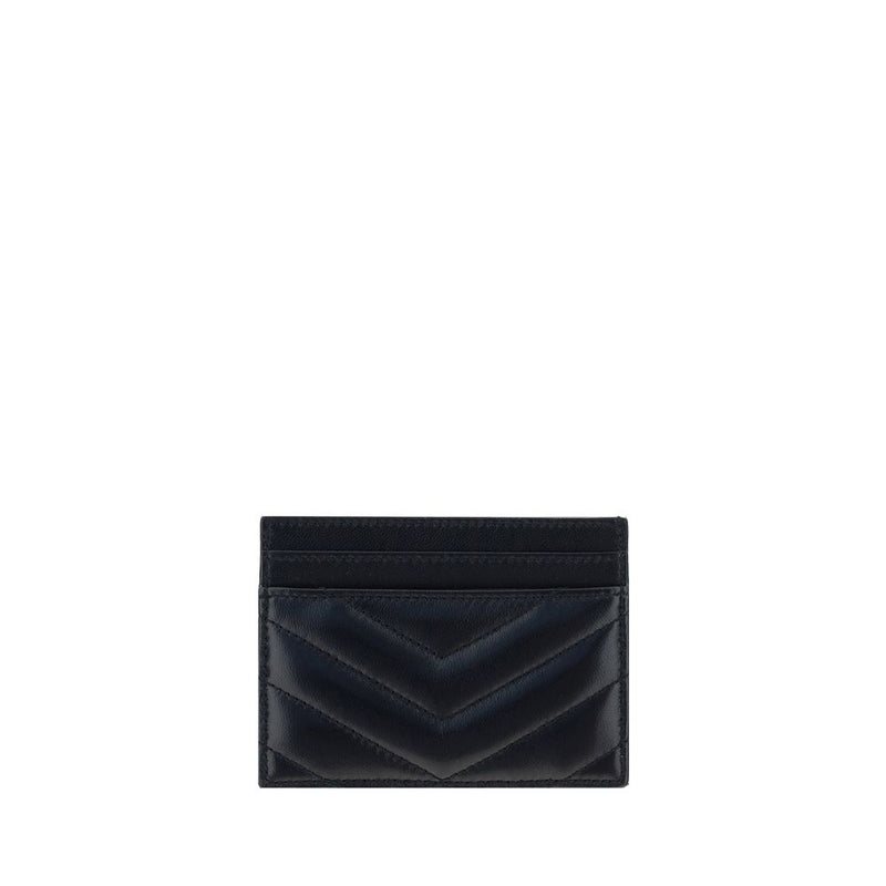 Black quilted lambskin card case with chevron stitching