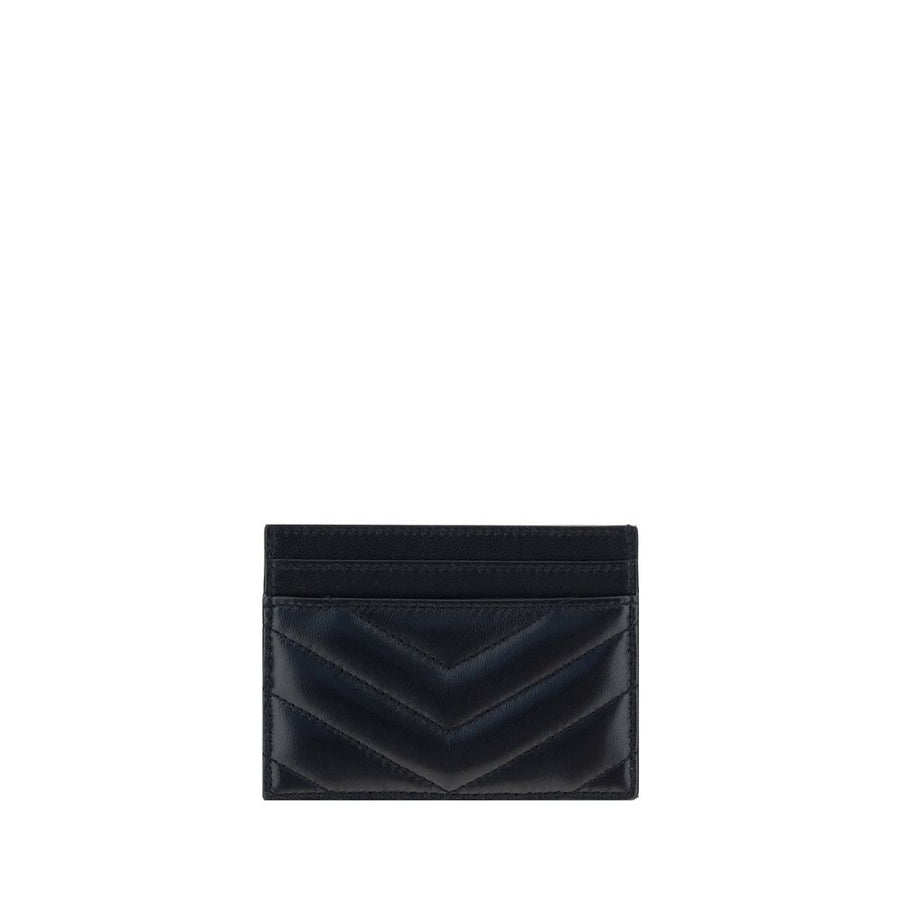 Black quilted lambskin leather card holder with gold YSL logo