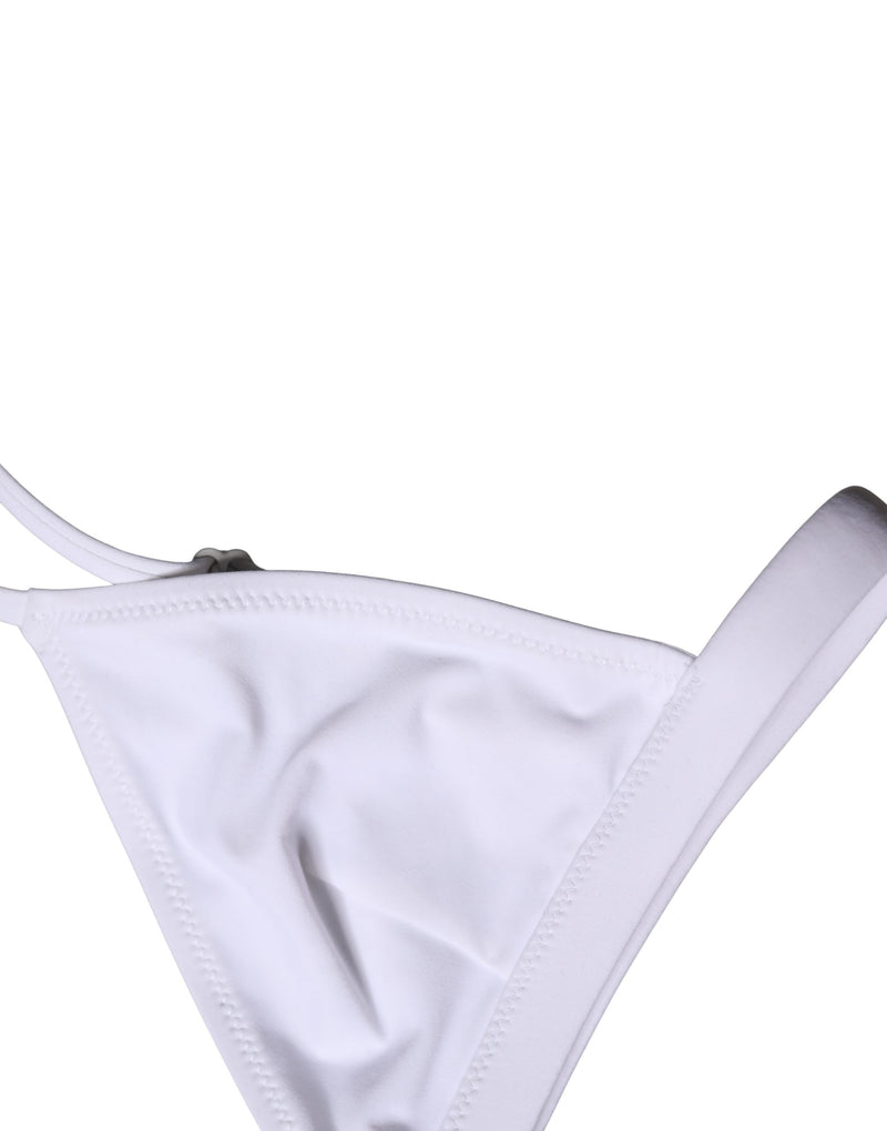 White nylon triangle bikini top with smooth fabric and thin straps