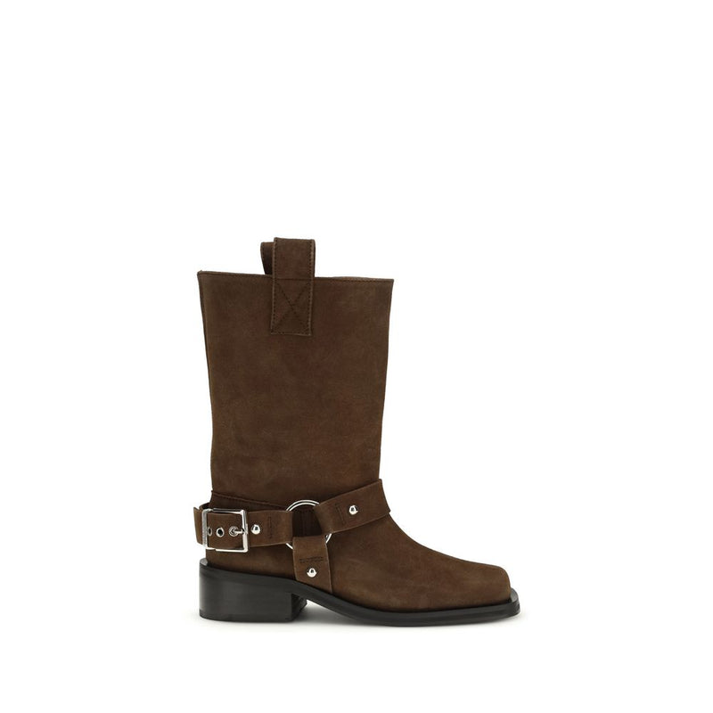 Ganni brown suede mid-calf boots with a square toe, low block heel, and a side buckle strap with silver hardware.