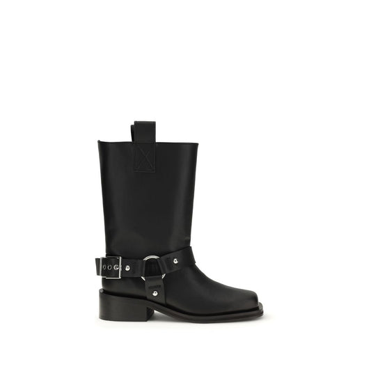 Black calf leather flat mid-calf boots with a square toe, low block heel, and buckled metal hardware strap.