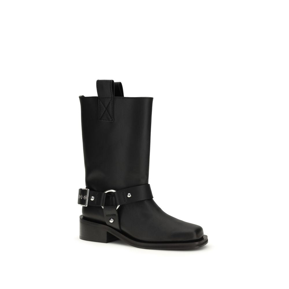 Black calf leather mid-calf flat boot with a square toe, silver-tone buckle harness, and back pull tab.