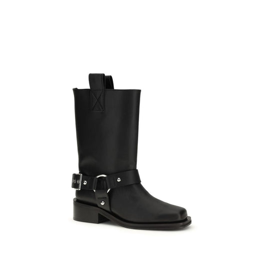 Black calf leather mid-calf flat boot with a square toe, silver-tone buckle harness, and back pull tab.